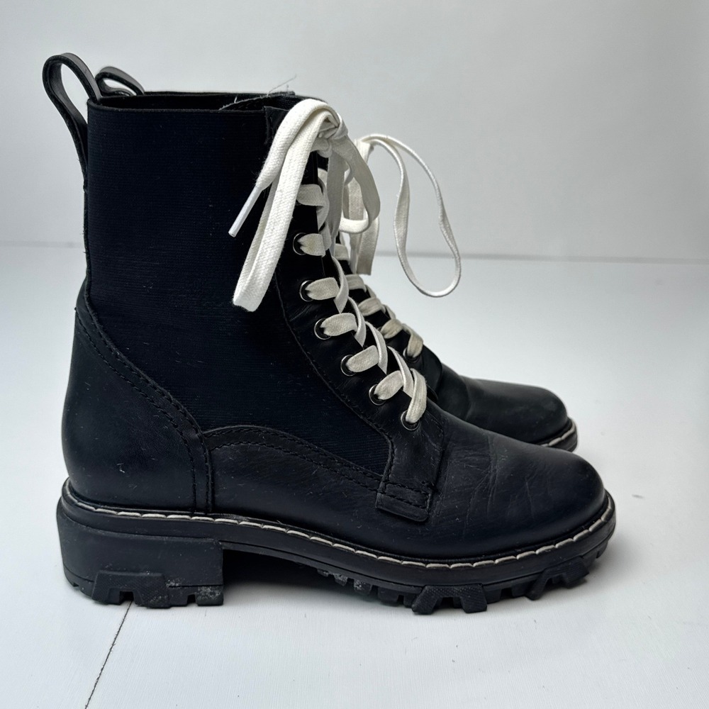 Rag & Bone Shiloh Black Leather Textile Combat Boots White Laces Lug‎ Sole - Picture 4 of 14